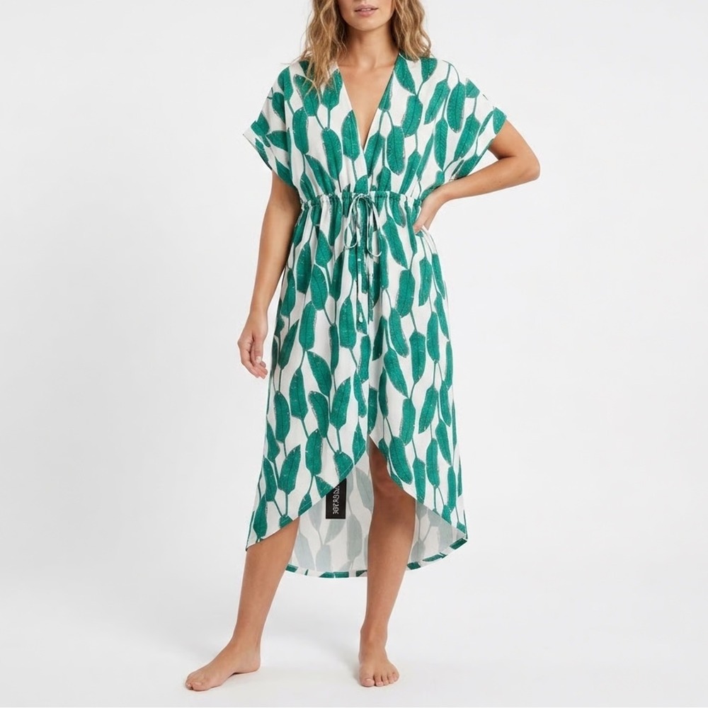 In'Voland Coverups Kimono Womens 16W White Green Leaf Print Tie Front Beachwear
